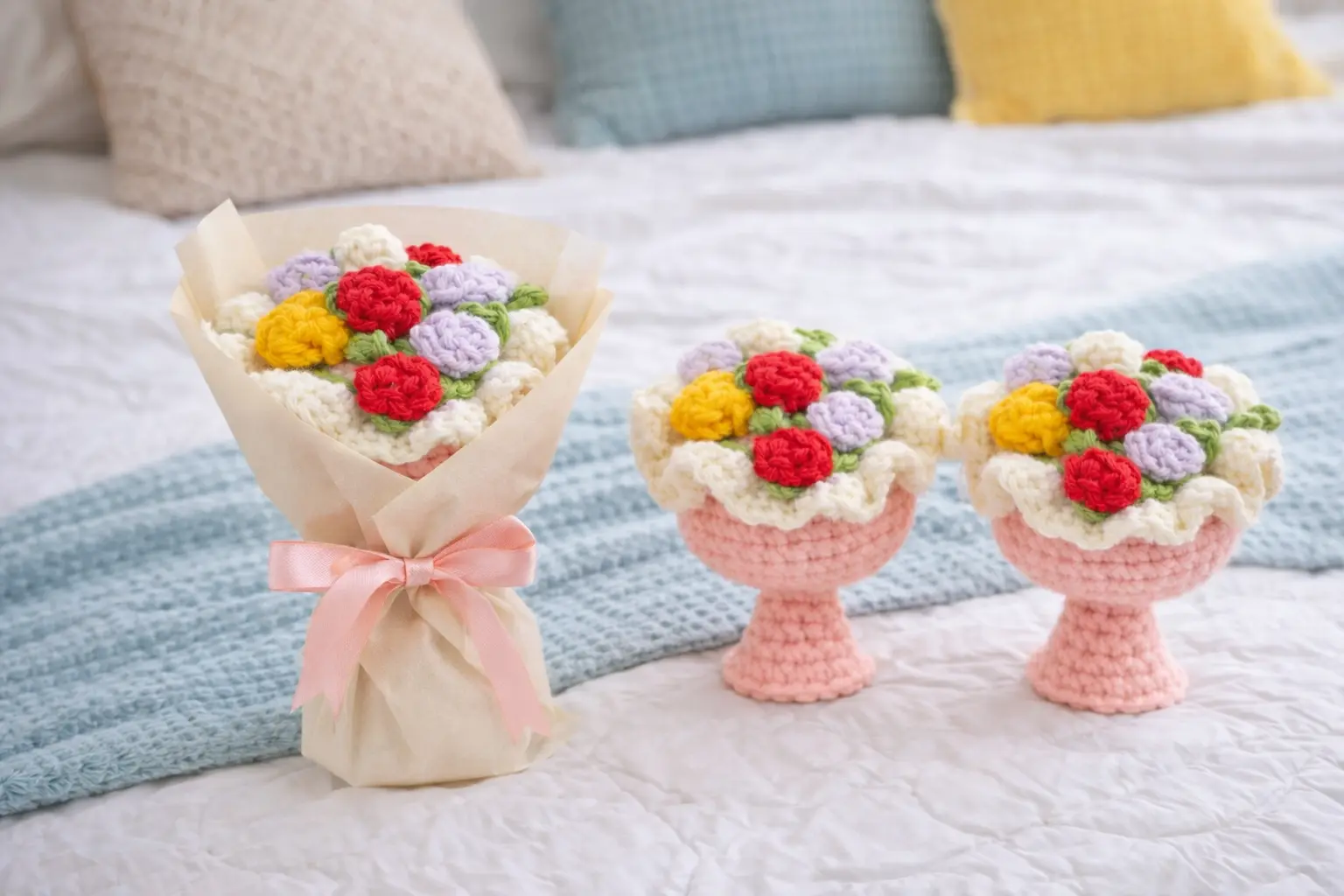 The Eternity Bouquet: Vibrant Artisan Yarn Flowers & Pink Display Vase